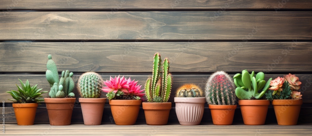 Poster a row of small flowerpots holding a collection of cactus and succulents sit neatly aligned on top of