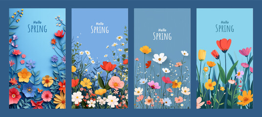 Hello spring seasonal banners collection with beautiful colorful flowers