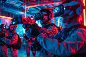 An arcade showing gamers wearing VR headsets and motion suits.