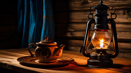 Kerosene lamp on a wooden table with a cup of coffee.