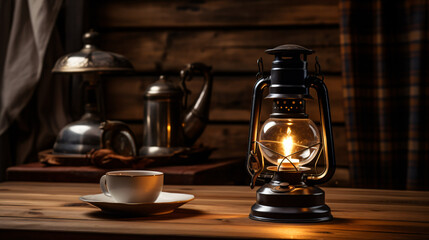Kerosene lamp on a wooden table with a cup of coffee.