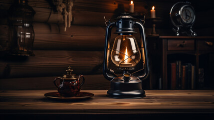 Kerosene lamp on a wooden table with a cup of coffee.