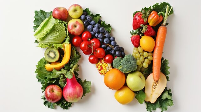 Letter N Composed of Fruits and Vegetables ai generative high quality image health concept