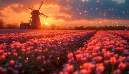Beautiful sunset above the windmills on the field with tulips in the Netherlands, sunset in a tulip field in the Netherlands with a windmill turbine farm on background Beautiful sunlight Dutch spring - obrazy, fototapety, plakaty