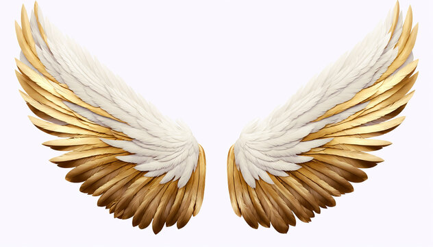 3d rendering of a golden angel wings isolated on a white background