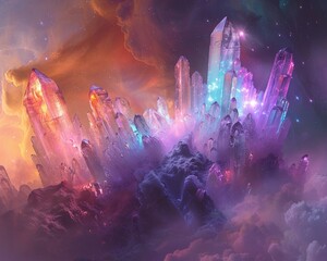 Foggy galaxy with swirling glowing quantum quartz - obrazy, fototapety, plakaty
