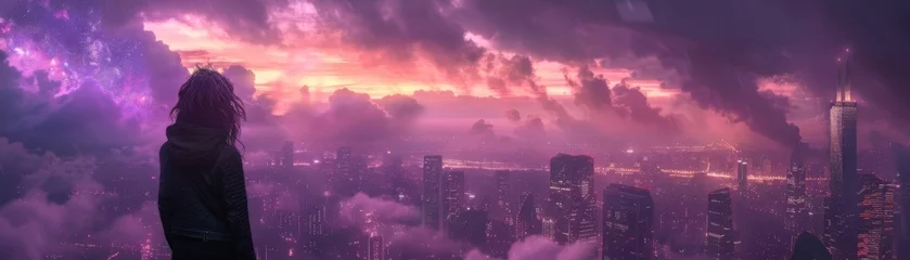 Photo sur Plexiglas Aubergine Future cityscape under purple thunder Woman fusion with renewable energy