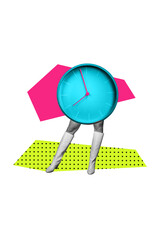 Vertical collage picture of wall watch clock stand mini black white colors girl legs high heels boots isolated on painted background