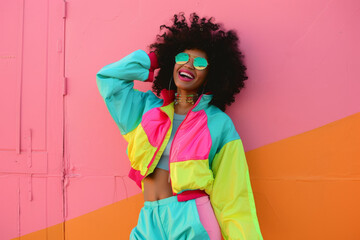 Gen-z beautiful black Afro American fashionable female, wearing neon stylish clothes, retro style in the style of vaporwave fashion
