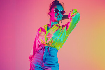 Gen-z beautiful caucasian fashionable female, wearing neon stylish clothes, retro style in the style of vaporwave fashion