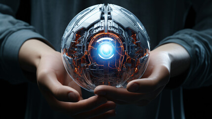 AI-generated: Human hands holding robot sphere eye.