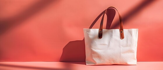 white shopping bag with a Brown leather handle, totebag, Canvas bag On color background with shadow, sustainable accessory for shopping, conscious lifestyle. mockup product.