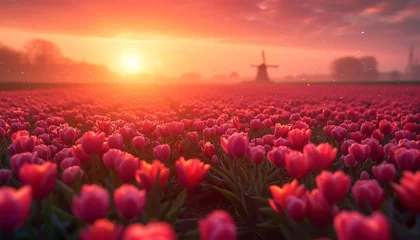 Foto op Aluminium Beautiful sunset above the windmills on the field with tulips in the Netherlands, sunset in a tulip field in the Netherlands with a windmill turbine farm on background Beautiful sunlight Dutch spring © annebel146
