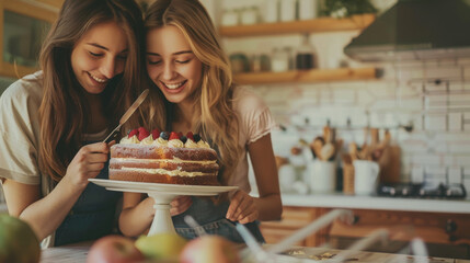 Two adults women cooking a birthday cake at home in the kitchen