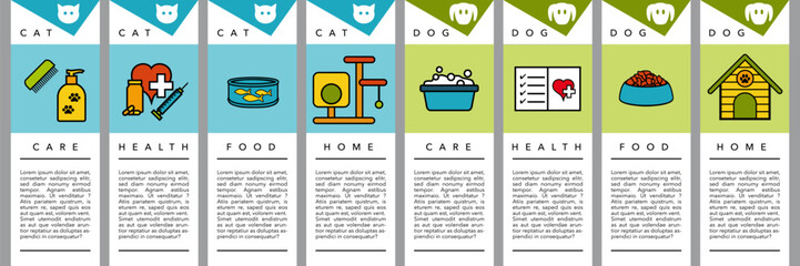 Série de 4 fiches pour chat et 4 fiches pour chien concernant des informations sur le toilettage, la santé, la nourriture et le logements des animaux domestiques.  - obrazy, fototapety, plakaty