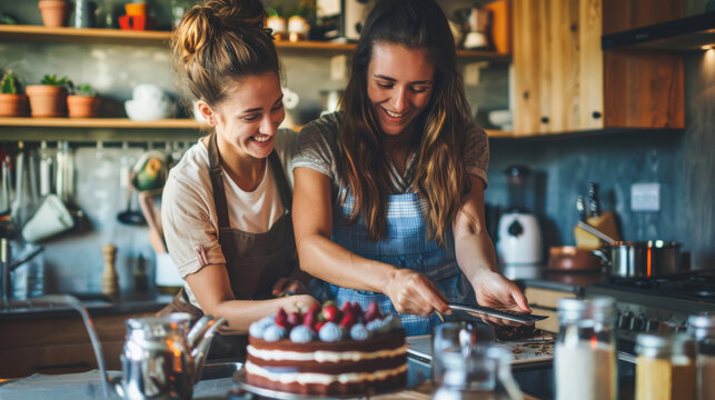 Two adults women cooking a birthday cake at home in the kitchen