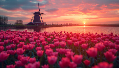 Beautiful sunset above the windmills on the field with tulips in the Netherlands, sunset in a tulip field in the Netherlands with a windmill turbine farm on background Beautiful sunlight Dutch spring - obrazy, fototapety, plakaty