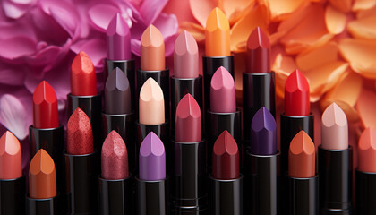 lipsticks of different colors on a colored background. collage of various lipsticks and makeup cosmetics on a colored background, top view. 