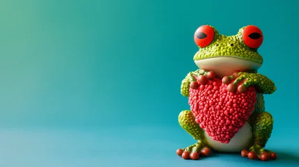 Fototapeten Kids' toys: Small frog holding red heart, multicolor. © Pixel