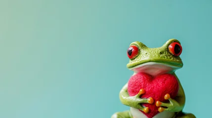 Foto op Canvas Kids' toys: Small frog holding red heart, multicolor. © Pixel
