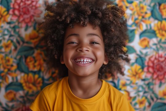 cheerful black young child laughing with curly hair, wearing a yellow shirt, stands in front of a floral wallpaper, laughing with sheer joy and looking at camera