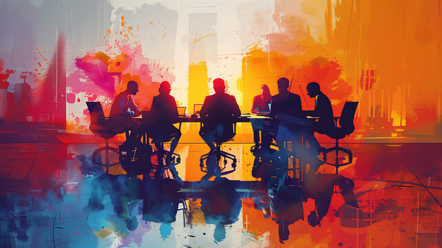 Vector image of a group of businessmen sitting at a table and deciding business