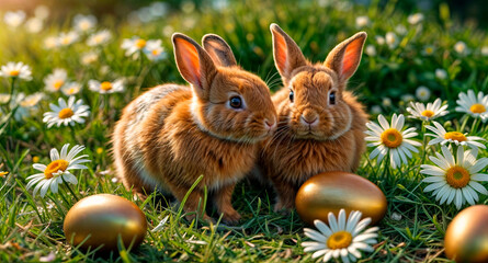 Fototapeta na wymiar Red bunnies on grass with easter eggs
