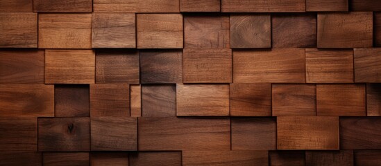 A wooden wall featuring a geometric pattern of squares in varying shades. The squares are arranged in a repetitive design, creating a modern and structured aesthetic.