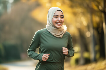 happy young muslim in hijab jogging on a sunny day outdoors, in the style of green and brown, collaborative activism, asian inspired