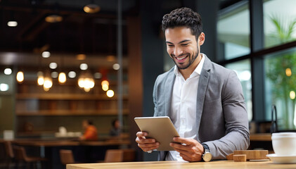 happy businessman with tablet pc in cafe or coffee shop, technology concept