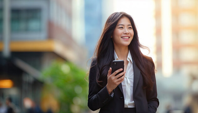 Portrait of young business woman using mobile phone in the city.