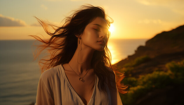 cute asian young woman with closed eyes basking in the sunset rays.