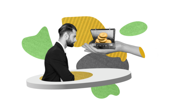 Creative photo collage of successful handsome man look at hand holding money think about investment isolated on painting background