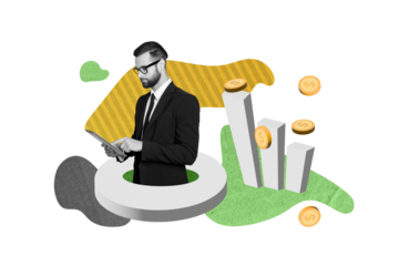 Creative photo illustration collage of serious businessman hold tablet considers risks in market isolated on blue color background