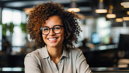 Portrait of smiling businesswoman in eyeglasses sitting in cafe