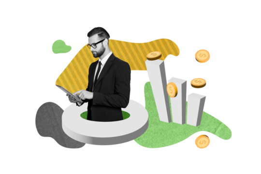 Creative photo illustration collage of serious businessman hold tablet considers risks in market isolated on blue color background - Powered by Adobe