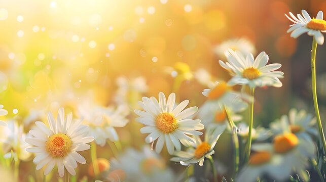 field of daisies or Chamomile flowers blooms with soft sunbeam in nature panoramic landscape. with focus on frontal part of photo, summertime, springtime, sunbeam, background, wallpaper. 