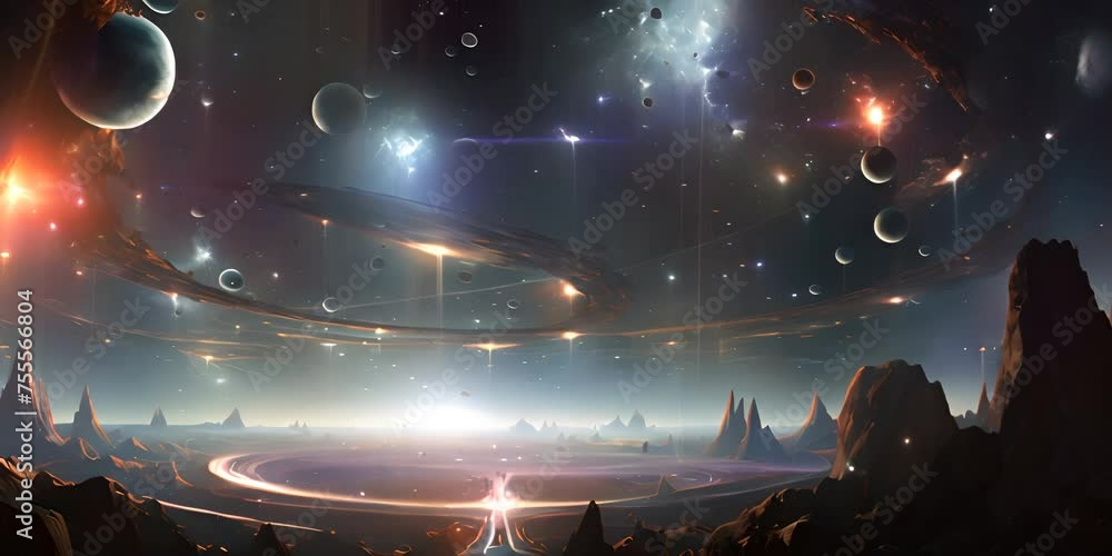 Poster extra terrestrial canopy embellished with a multitude of space elements, forming a cascade of reacti