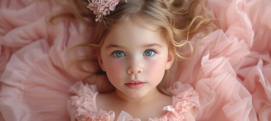 Fototapeta premium Innocence and Wonder Little girl in pink dress lying on pink background with eyes wide open