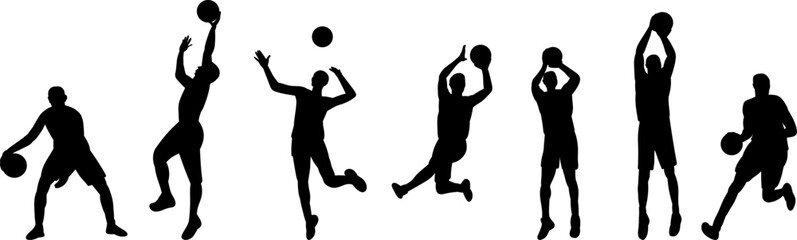 Fototapeta na wymiar set, silhouette of men playing basketball on a white background vector