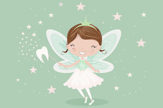 cute cartoon illustration of a tooth fairy girl with wings and a magic wand on a pastel green background