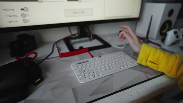 The girl is a modern neuro artist who compiles and writes a prompt for the artificial intelligence program. The AI program gradually draws an image on the screen according to the task.