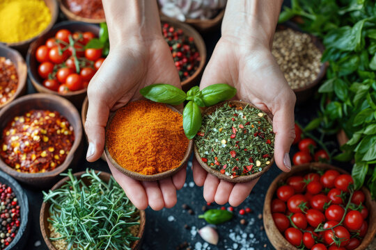 Hands cradle a vibrant display of spices, with colorful bowls of herbs and fresh ingredients artfully arranged around them.