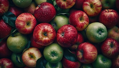 Red and green apples with leaves as background, top view. Created with Generative AI