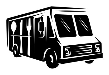 Food truck with cutlery on the side. Vector monochrome image