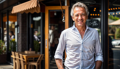 Portrait of handsome mature man standing in outdoor cafe and smiling at camera - obrazy, fototapety, plakaty