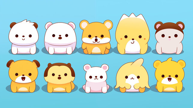 Illustration d'un set de petits animaux de compagnie kawaii. Chien, mignon, dessin anim&eacute;. Pour conception et cr&eacute;ation graphique.