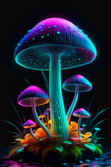 Mystical mushrooms with neon light on a in magical darkness.