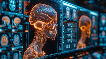 A computer monitor displays a brain and skull with a skull on the left - obrazy, fototapety, plakaty