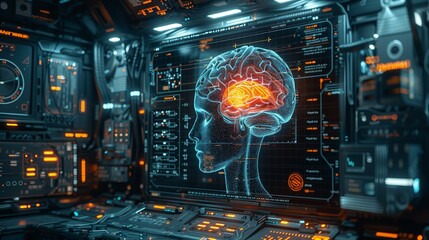 Fototapeta premium A computer monitor displays a brain with a red spot on it